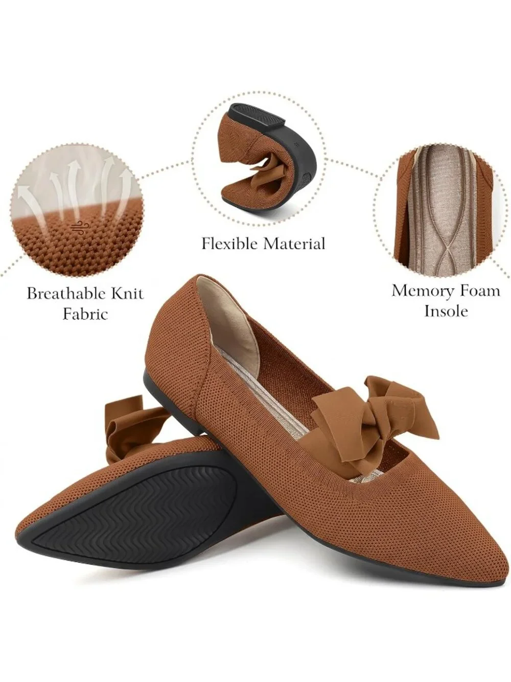 Women's Brown Comfortable Knit Washable Pointed Toe Pull-On Ballet Flat Shoes